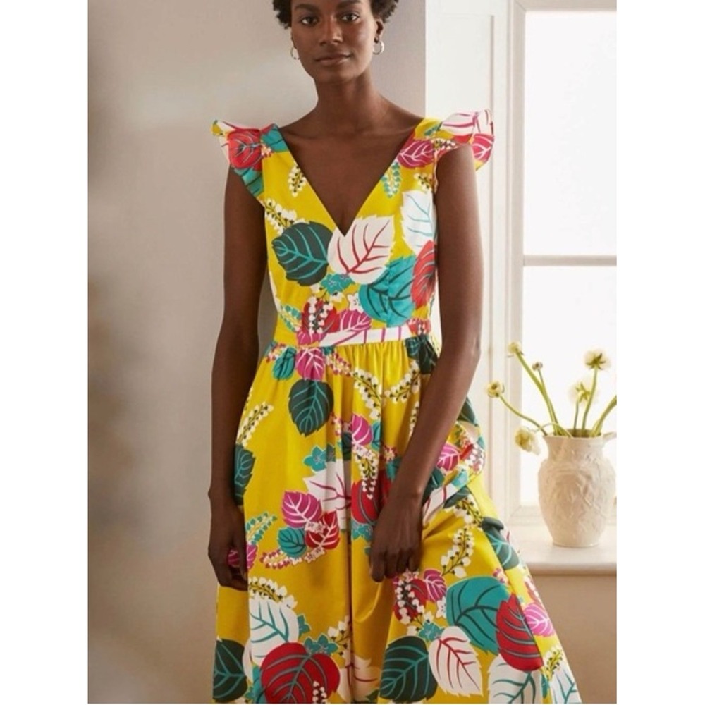 Boden Size 10 Andrea Frill Sleeve Maxi Dress Yellow Tropical Floral V Neck